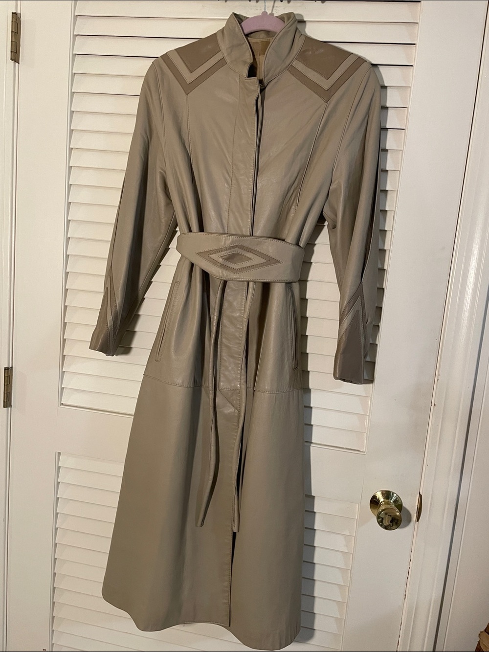 Rare Vtg 80s Avallon Beige Lamb Leather Maxi Duster Coat Chevron Geometric Panel